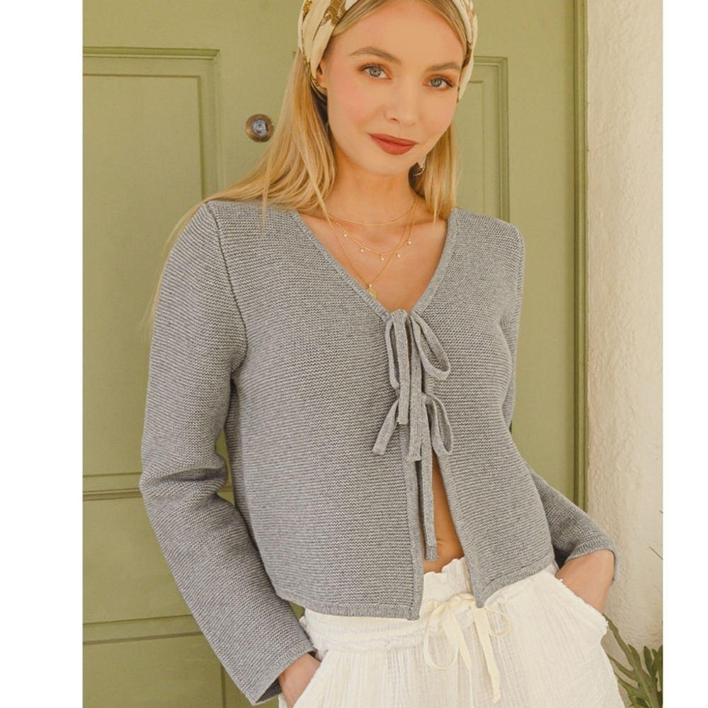Zenana Tie Front Cropped Sweater Cardigan Gray Medium Boutique